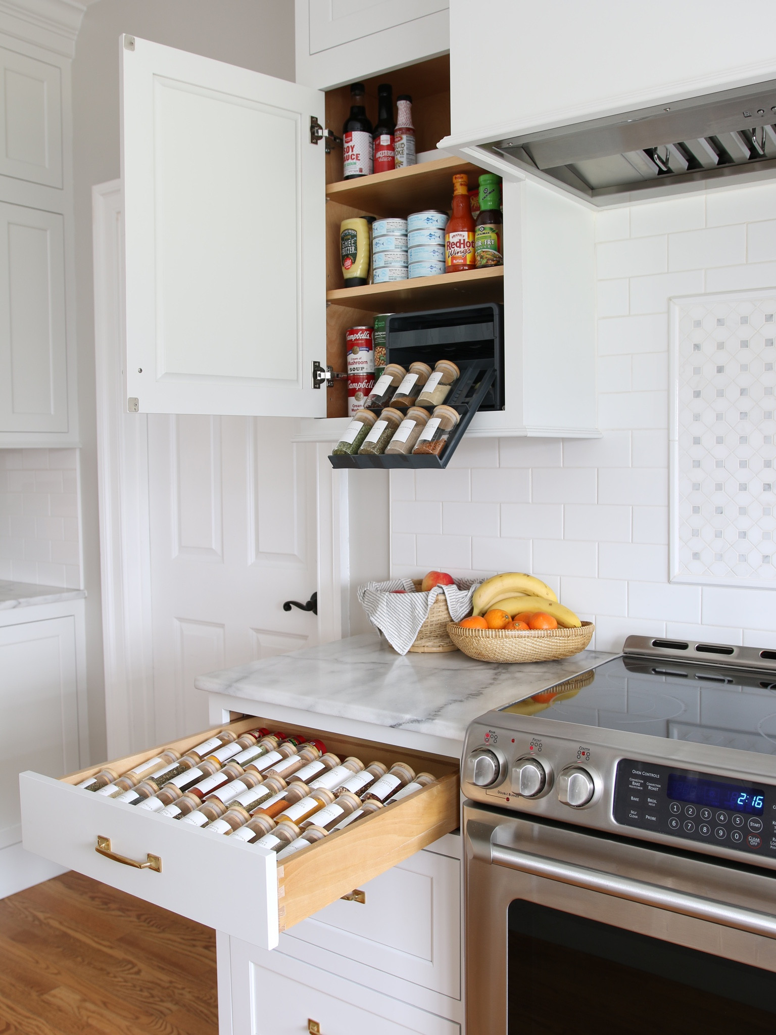 We took advantage of trimable wood drawer organizers and an adjustable spice rack from Amazon to efficiently organize all of the spices. The spice jars and spice jar labels are also from Amazon

#LTKhome #LTKstyletip #LTKFind