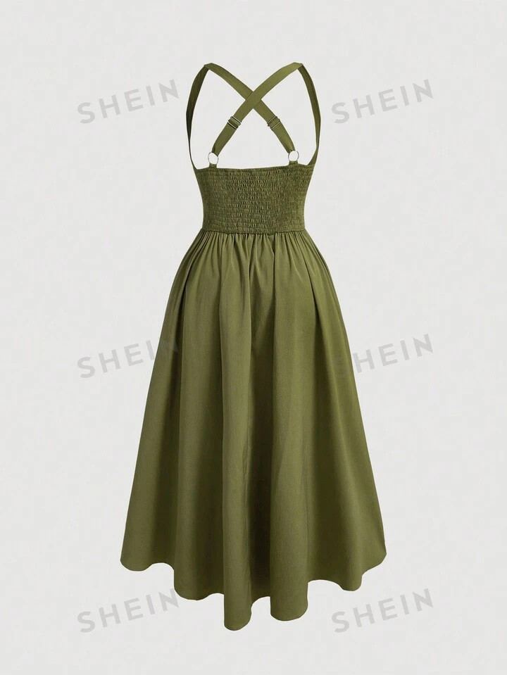 SHEIN MOD Plus Size Milkmaid Dress,  Green Color, Overall Style, Asymmetrical Hemline Women's Dre... | SHEIN