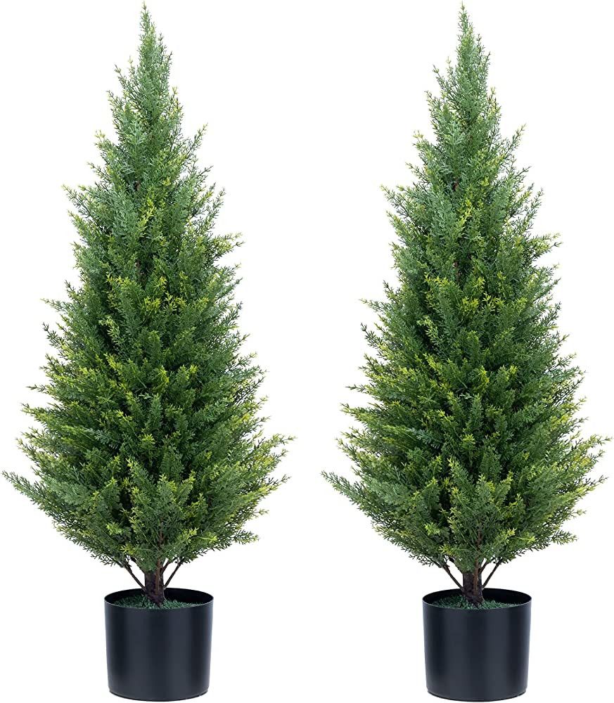 ECOLVANT Two 3 Foot Artificial Cedar Trees Indoor Outdoor UV Rated Potted Plants Artificial Topia... | Amazon (US)