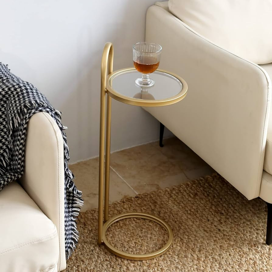 DOWLVN Gold Glass Small Drink Snack Accent Table, C Shaped Side End Table, Fully Assembled, 10" D... | Amazon (US)