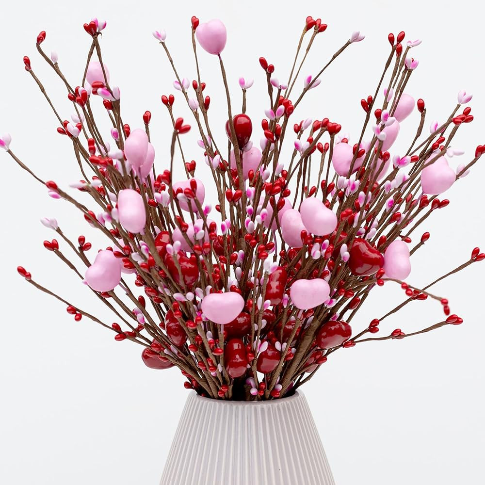 Valentines Day Decorations Artificial Red Berry Stems - 8Pcs,16 Inch Red Berry Picks Heart Shaped... | Amazon (US)