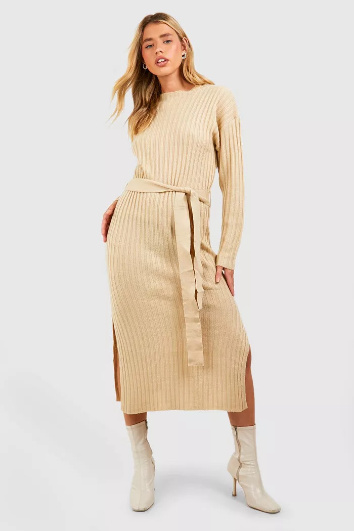 Rib Knit Tie Waist Midaxi Dress | Boohoo.com (UK & IE)