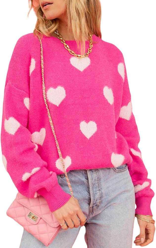 Cute Pink Heart Sweater for Women Knitted Love Sweaters Tops Holiday Outfits Crewneck Long Sleeve... | Amazon (US)