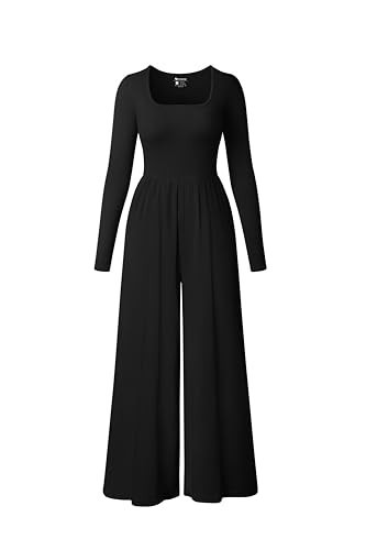 OQQ Women Wide Leg Pants Jumpsuits One Piece Long Sleeve Square Neck Jumpsuits Black | Amazon (US)