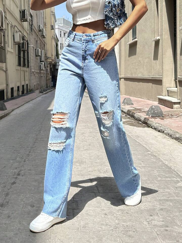 Cottnline Jeans de pierna recta desgarro | SHEIN