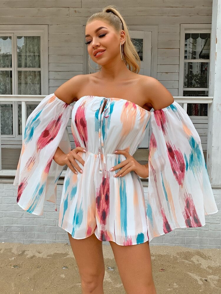 Joyfunear Split Bell Sleeve Tie Dye Bardot Romper | SHEIN