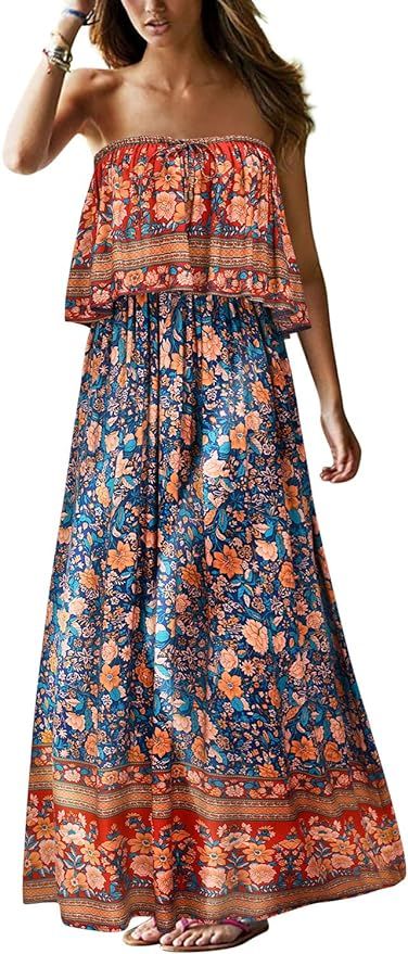 UIMLK Women's Summer Strapless Maxi Dress Long Beach Boho Floral Printed Vacation Dresses | Amazon (US)