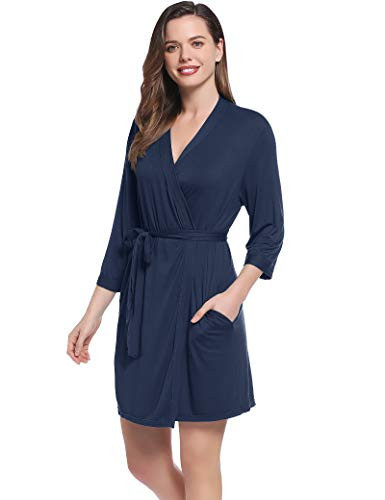 Amorbella Travel Robe for Women Lightweight Thin Moisture Wicking Bamboo Viscose Jersey Bathrobe Sleepwear (Navy Blue, XX-Large) | Amazon (US)