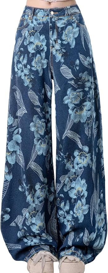 Sidefeel Jeans for Women Wide Leg High Waist Baggy Boyfriends Straight Leg Stretchy Floral Print ... | Amazon (US)