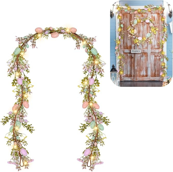 6FT Lighted Artificial Easter Garland with Easter Egg,Egg Mixed Berry Garland Hanging Rustic Spri... | Amazon (US)