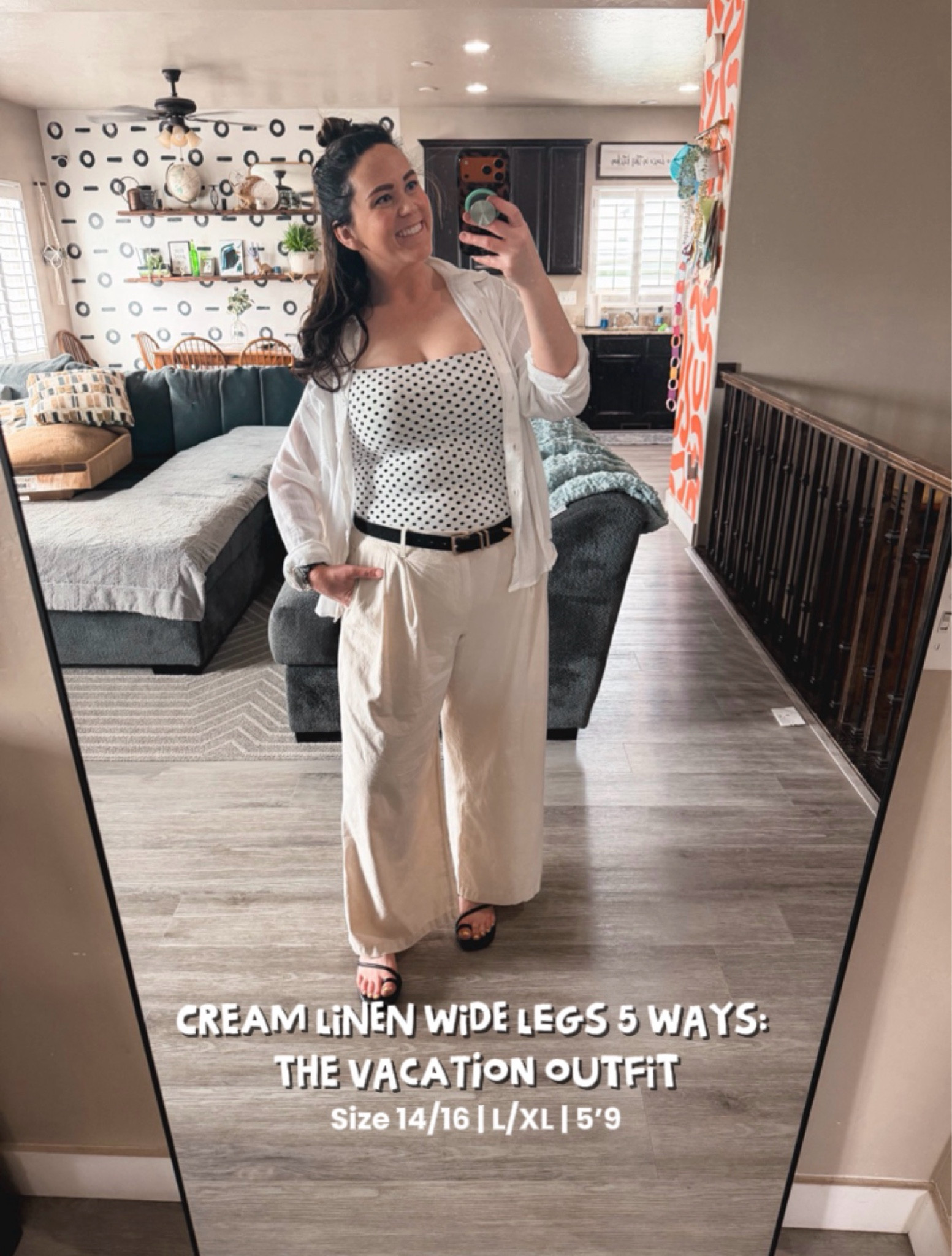 This one’s giving European summer and I will not be taking questions. 😂😂 
Polka dot tank + linen shirt open = the combo. ☀️🖤

Tank XXL
Button down Large 
Pants 16 @American Eagle Outfitters 

Size 14/16 | L/XL | 5’9 | 38DD 

vacation outfit idea, resort wear outfit, polka dot top outfit, linen shirt styling, wide leg pants summer, beach vacation look, midsize vacation fashion, European summer outfit 

#LTKTravel #LTKMidsize #LTKTall