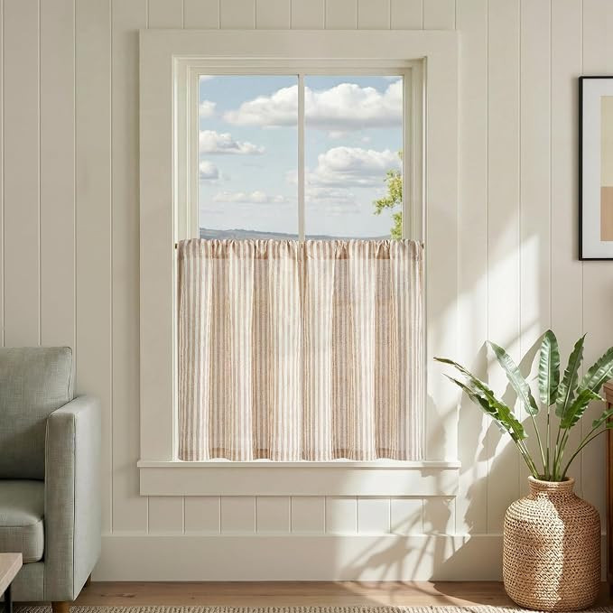 jinchan Striped Linen Kitchen Tier Curtains, 30 Inch, Tan, 2 Panels | Light-filtering linen blend... | Amazon (US)