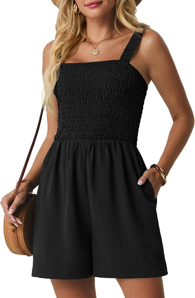 Lepunuo Womens Rompers for Summer Casual Smocked Jumpers Overalls Square Neck Jumpsuits with Pock... | Amazon (US)