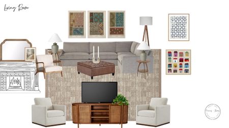 Mode century  modern Living Room, cozy living room, sectional, gray sectional, media cabinet, budget decor, budget friendly living room, cozy rug, swivel chairs, mid century lighting, boho art, colorful home art

#LTKhome #LTKstyletip #LTKfamily