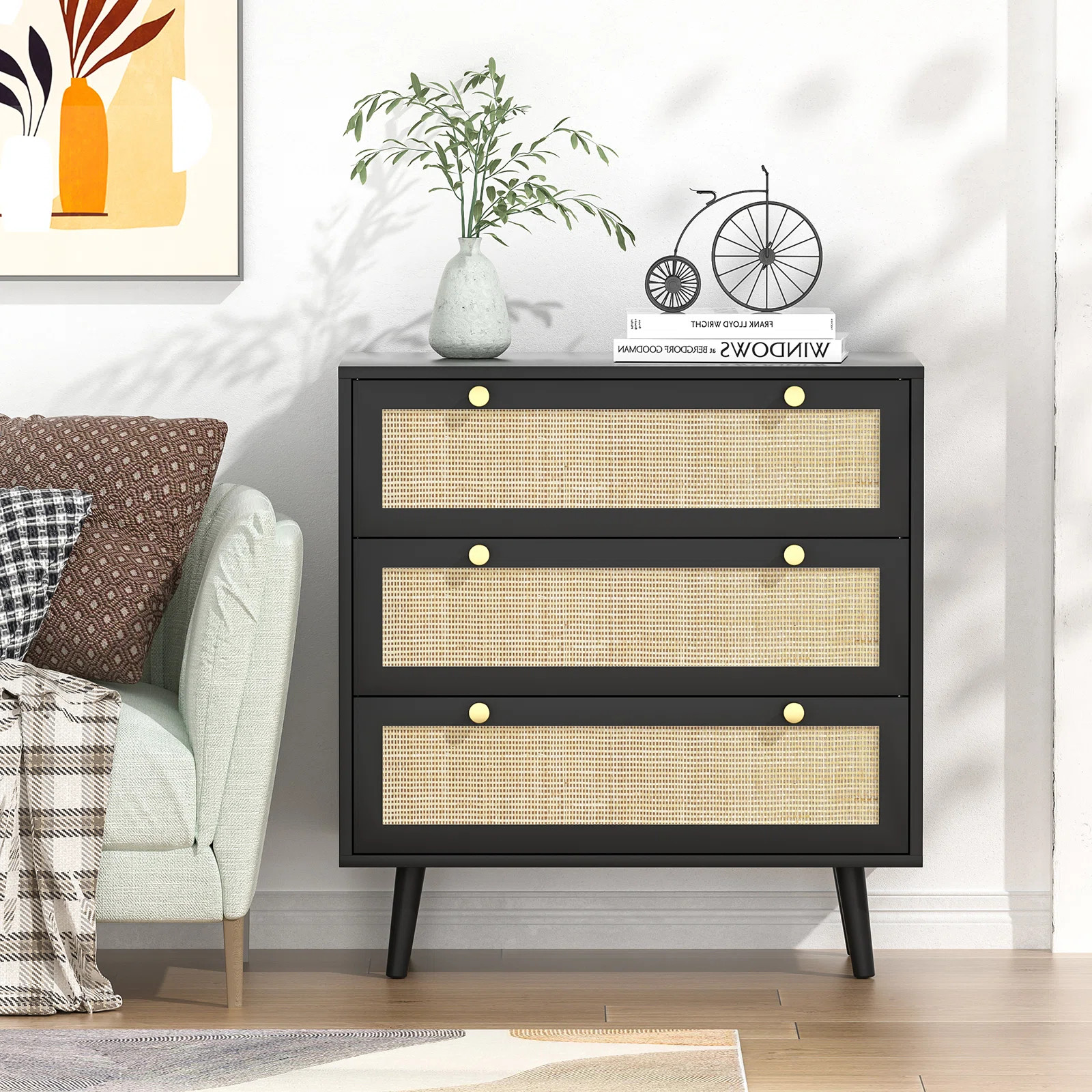 Claymore 3-Drawer Dresser, Drawer Chest of Dresser Wood Rattan Dresser for bedroom | Wayfair North America