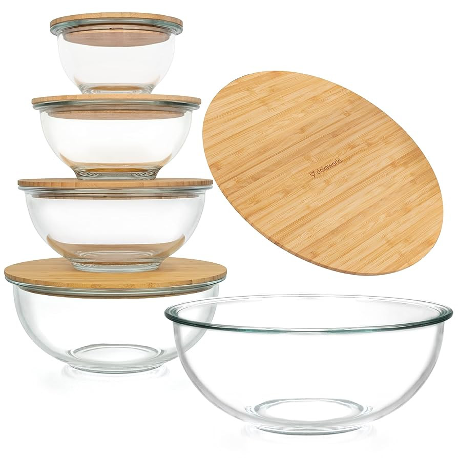 Stackable Space-Saving Set of 5 Nesting Glass Bowls with Bamboo Lids for Foodprep, Storage, Bakin... | Amazon (US)
