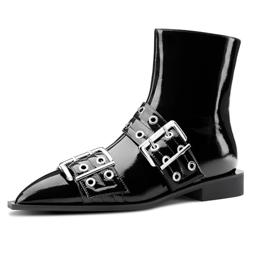 Castamere Low Heel Close Pointed Toe Buckle Ankle Boots for Women Side Zipper Design Fashion Dress Short Bootie Black 7.5 M US | Amazon (US)