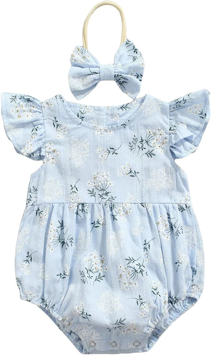 Newborn Baby Girl Romper Floral Ruffle Sleeveless Jumpsuit Cotton Bodysuit with Headband Summer C... | Amazon (US)