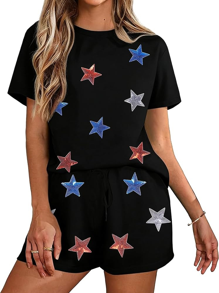 Amazon.com: VILOVE 4th of July 2 Piece Sequin Outfits Women 250 Anniversary Usa Shirts and Short ... | Amazon (US)