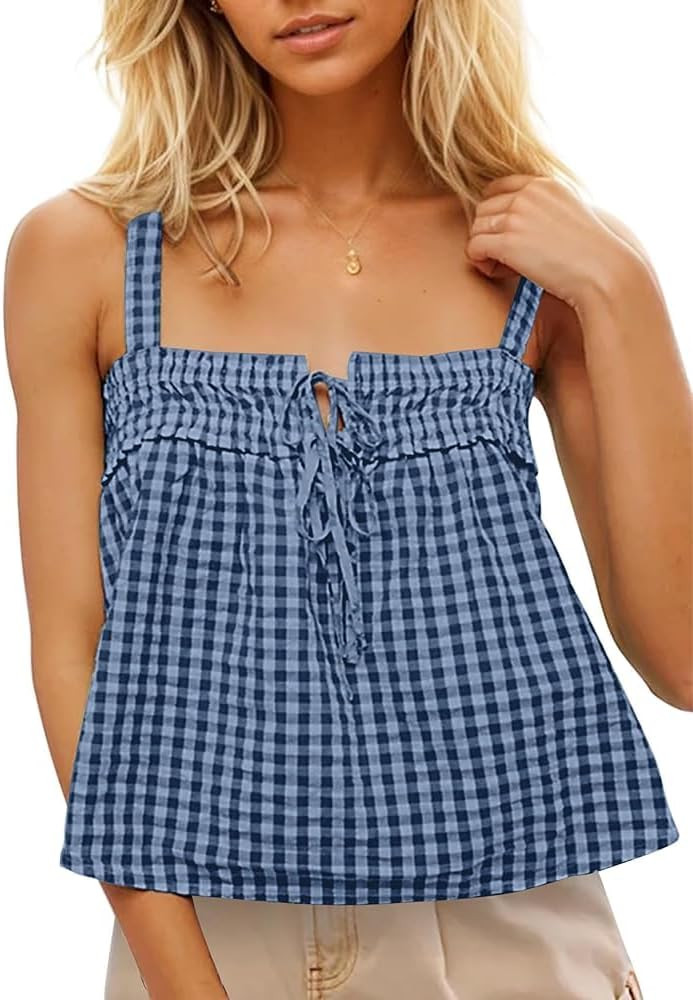 Women Plaid Cropped Camisole Tops Ruched Tie Front Square Neck Backless Loose Cute Crop Cami Tank... | Amazon (US)