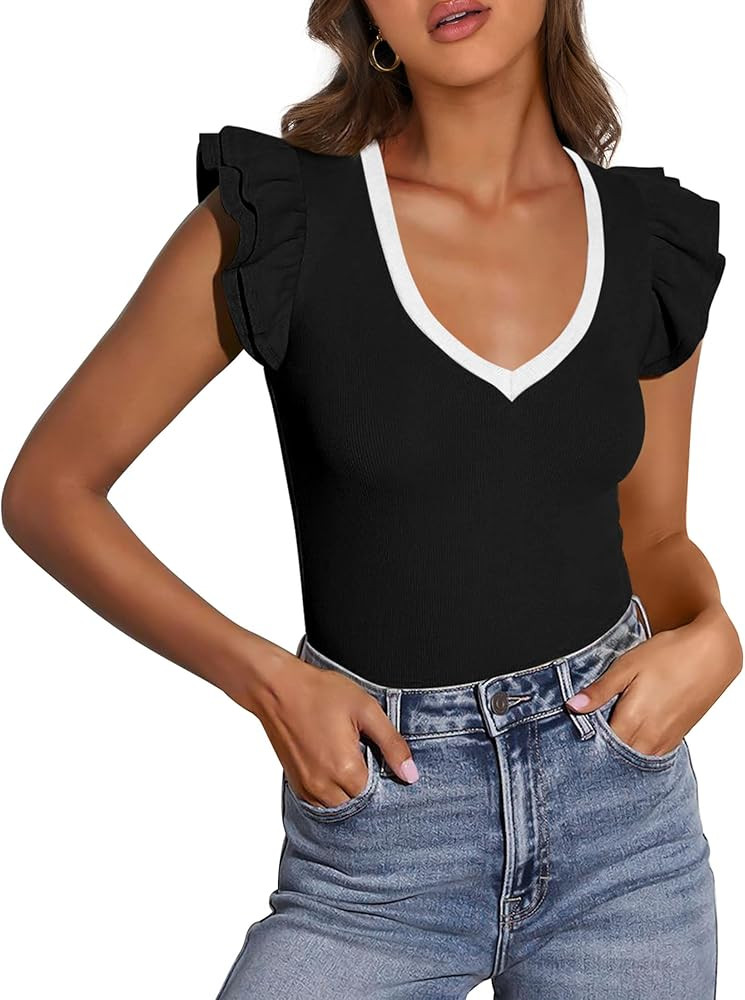PRETTYGARDEN Womens V Neck Summer Tops Ruffle Sleeveless Slim Fit T Shirts Going Out Casual Blous... | Amazon (US)