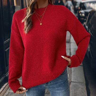 1pc Women Red Casual Warm Solid Color Drop Shoulder Round Neck Sweater, Autumn/Winter | SHEIN