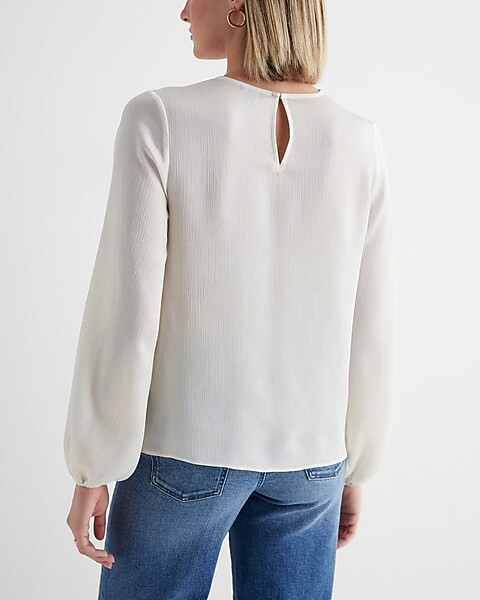 Satin Textured Gathered Neck Balloon Sleeve Top | Express