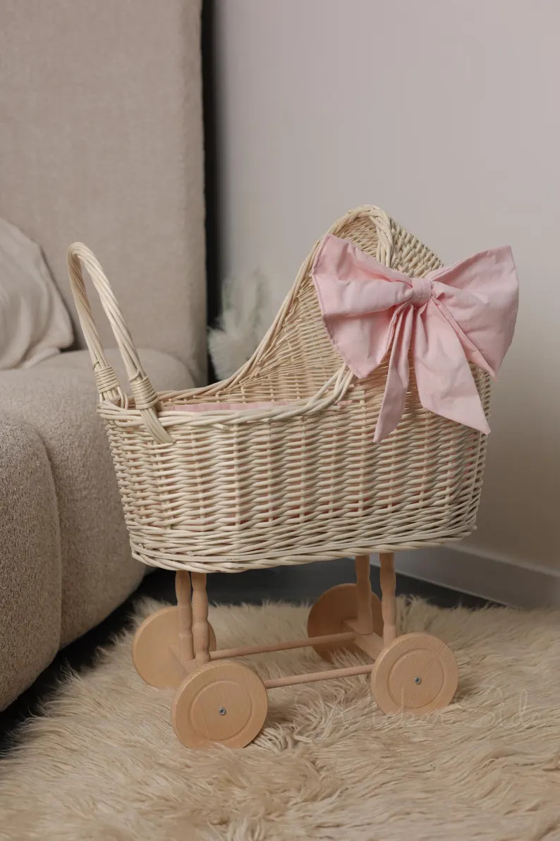 Handmade White Wicker Doll Pram, Baby Carriage with Pink Bow, Wicker Doll Stroller, Natural Toy B... | Etsy (US)