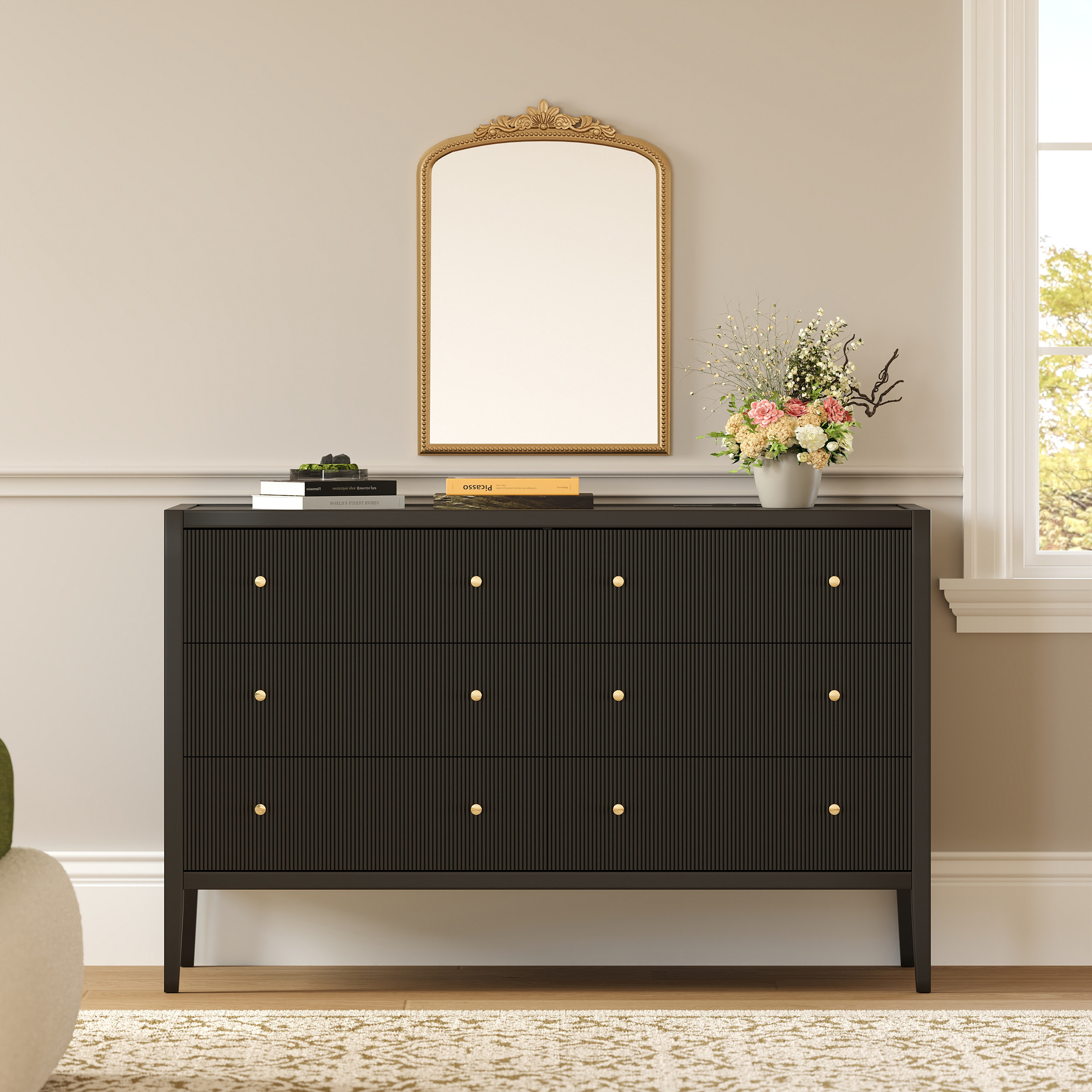 THE BEST Stria 47" Fluted White 6-Drawer Dresser with Charging Station Color:White | Homary | Homary