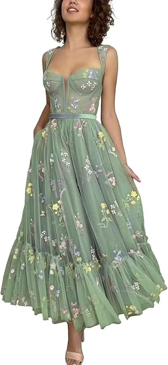 Prom Dresses for Women 2024 Puffy Sleeve Flower Embroidery Tulle Formal Gowns Homecoming Dresses | Amazon (US)
