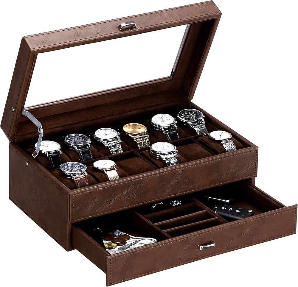 BEWISHOME Watch Box for Men Luxury Watch Organizer Faux Leather Watch Case with Jewelry Drawer, R... | Amazon (US)