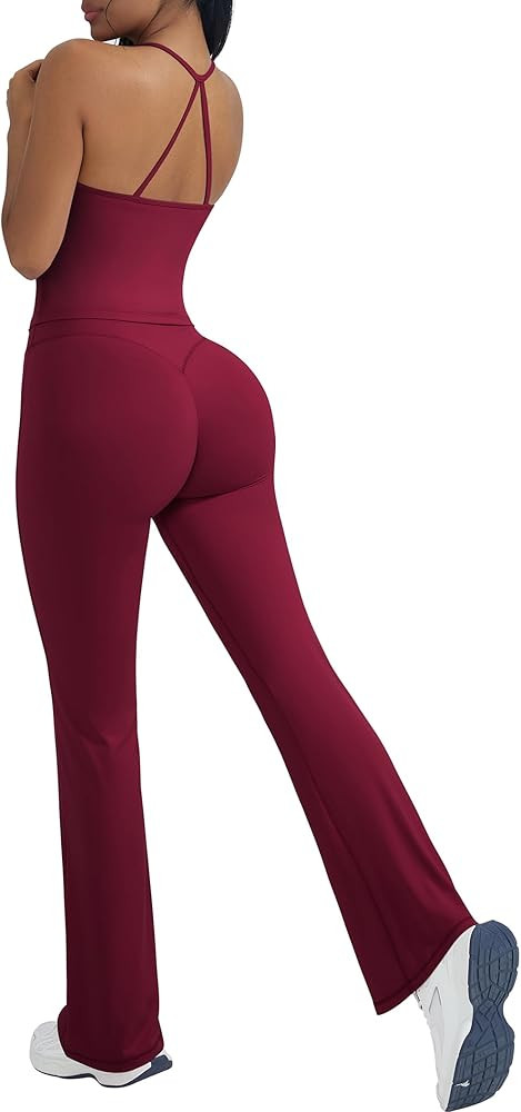 OMKAGI 2 Piece Workout Sets for Women Padded Tank Tops Flare Leggings Pilates Outfits | Amazon (US)