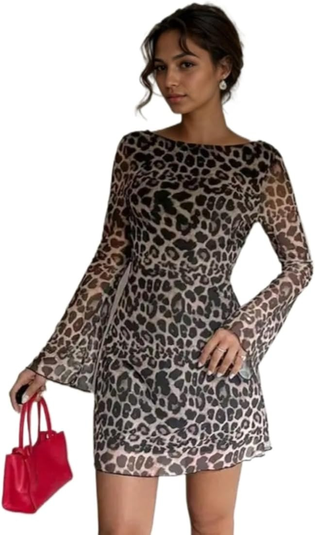 CUTEGAL Women's Corset Dress Leopard Print Dress Y2k Dress Mesh Dress Bell Sleeve Dress Cheetah P... | Amazon (US)