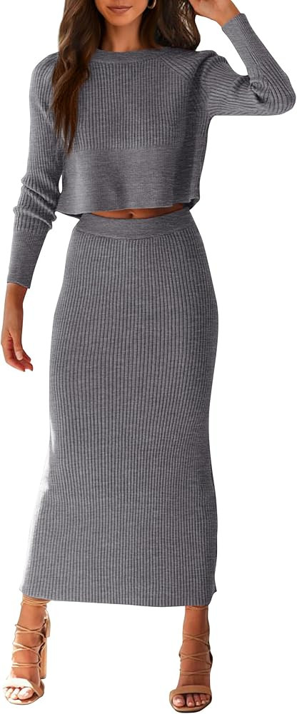 PRETTYGARDEN Women's Spring Fall 2 Piece Sweater Set Rib Knit Long Sleeve Crop Top Maxi Bodycon S... | Amazon (US)