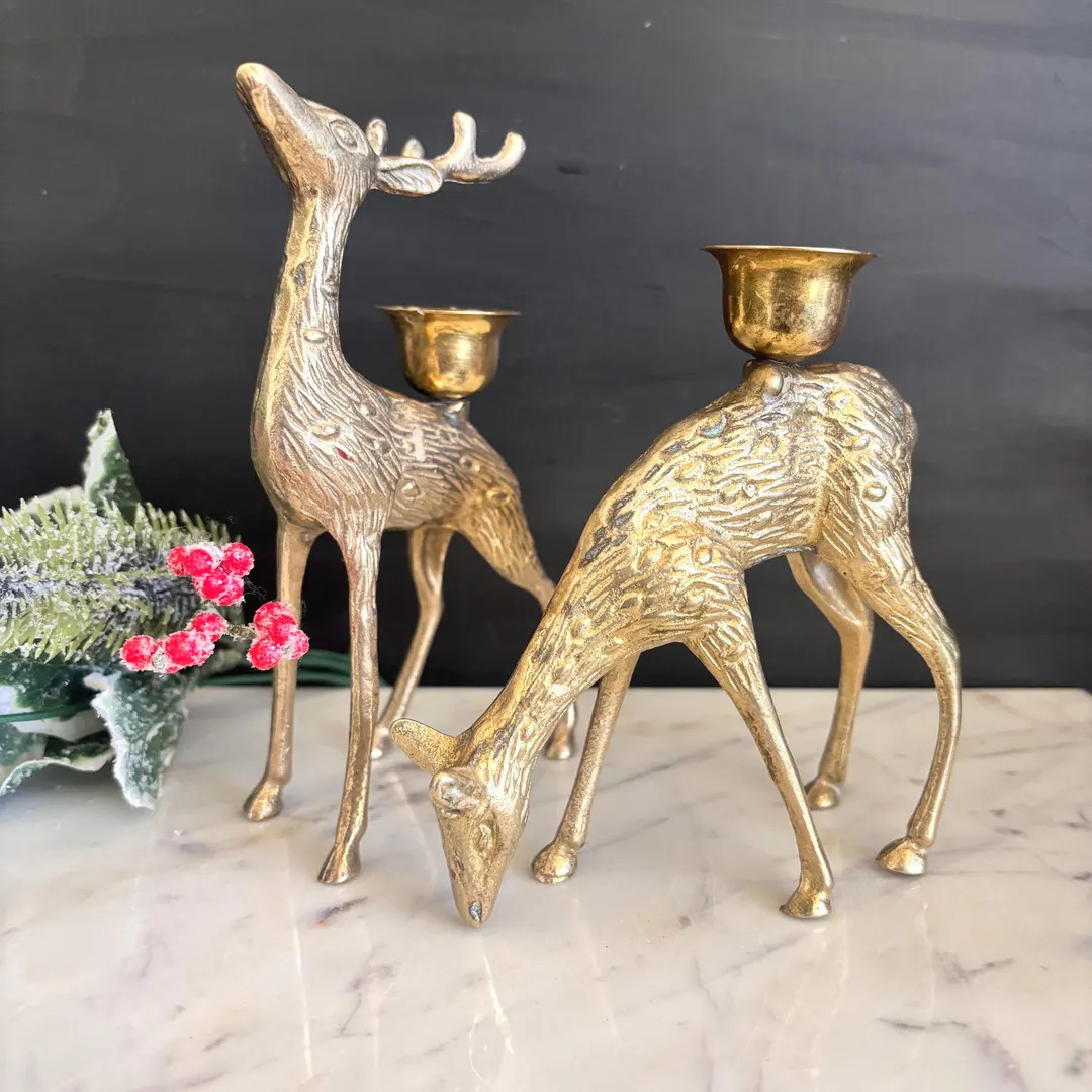 Vintage Brass Pair of Deer Set of Two Doe Buck Christmas Candleholders - Etsy | Etsy (US)