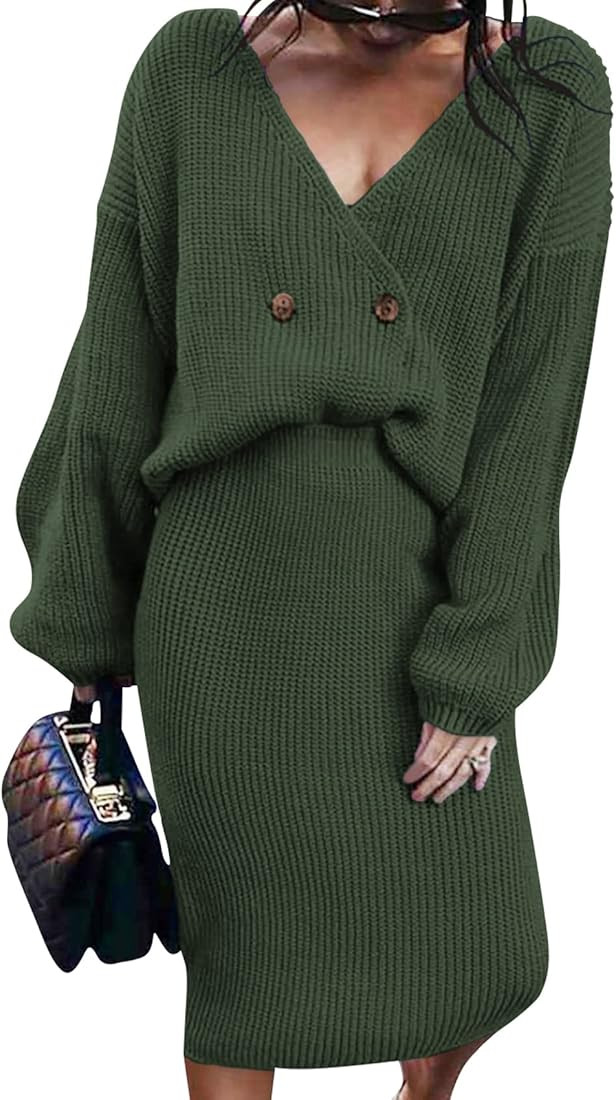 Womens 2 Piece Outfits Sexy Sweater Set Deep V Neck Cable Knit Tops + Bodycon Skirt Dress Fall Wi... | Amazon (US)