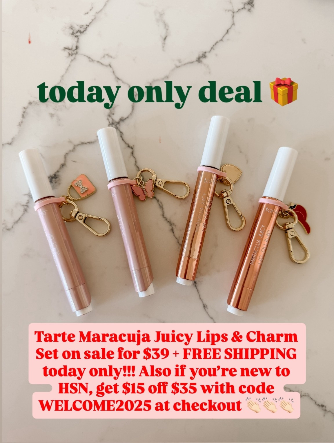 Tarte Maracuja Juicy Lips & Charm Set on sale for $39 + FREE SHIPPING today only!!! Also if you’re new to HSN, get $15 off $35 with code WELCOME2025 at checkout 👏🏻👏🏻👏🏻

#ad 
#LoveHSN 
#HSNInfluencer 
@HSN 
@tartecosmetics 

#LTKGiftGuide #LTKSaleAlert #LTKHoliday