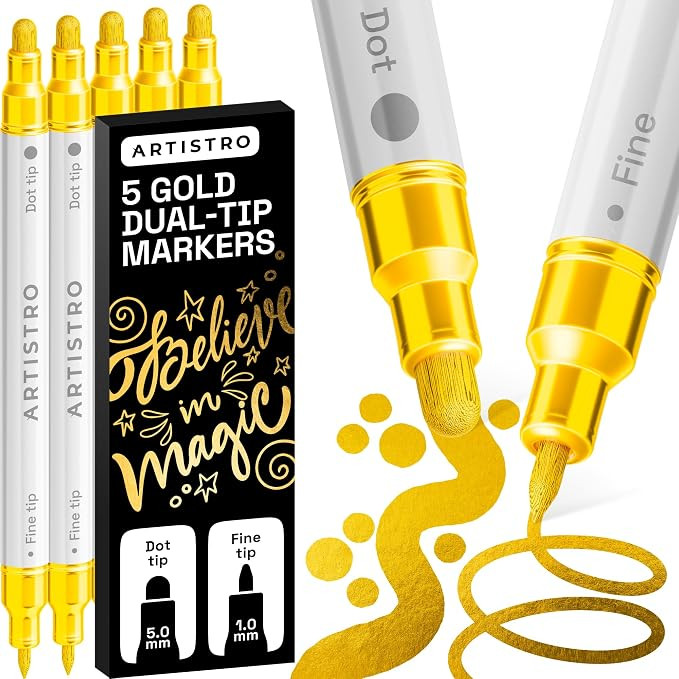 ARTISTRO 5 Gold Dual-Tip Acrylic Paint Markers – Paint Pens Set with Dot & Fine Tips for Fabric... | Amazon (US)