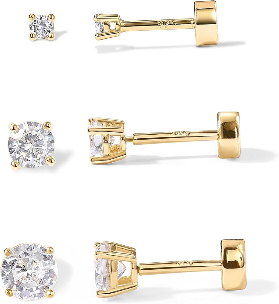 PAVOI 14K Gold Plated Solid 925 Sterling Silver Post Cubic Zirconia Stud Flat Back Earrings for W... | Amazon (US)