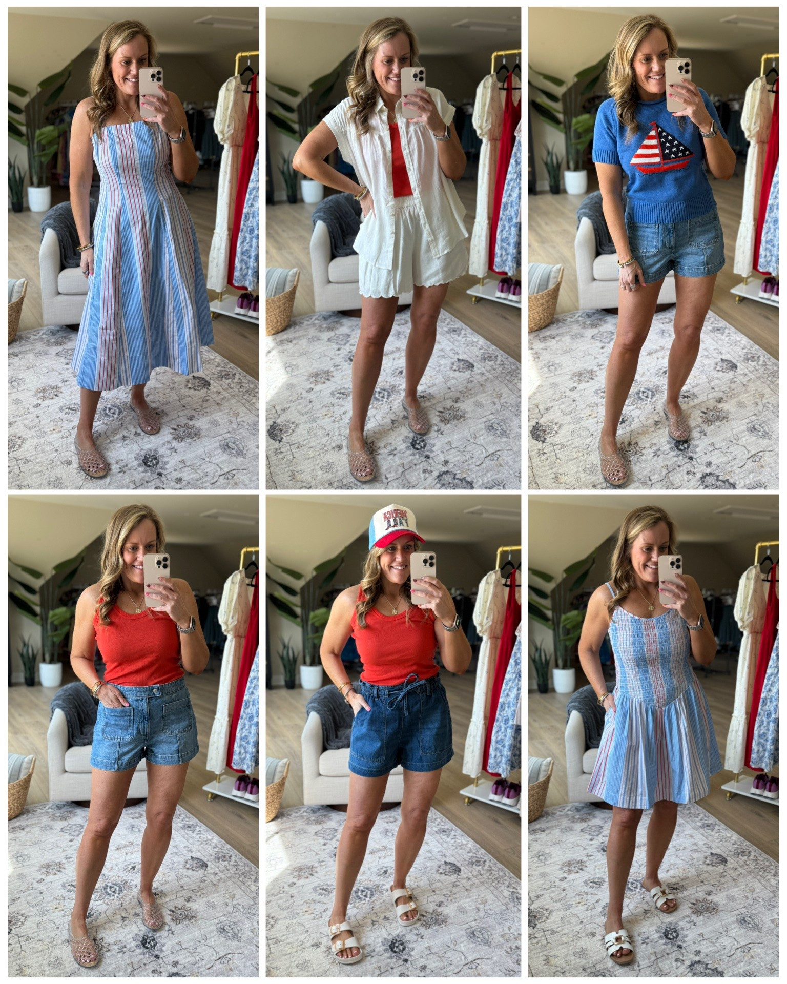 Walmart is already stocked with the cutest red, white, and blue styles for BBQs, baseball games, lake days, and all the summer fun — and the prices are SO good. Everything fits TTS, wearing medium/size 10. ❤️🤍💙