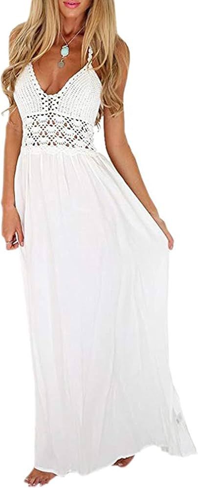LILBETTER Women's Beach Crochet Backless Bohemian Halter Maxi Long Dress | Amazon (US)
