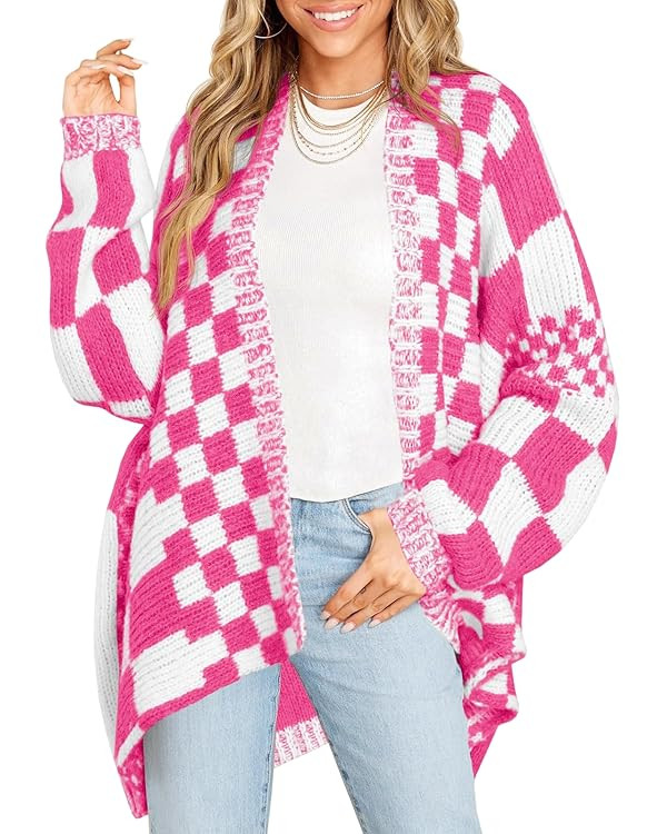 Saodimallsu Womens Checkered Sweater Color Block Plaid Cardigans Oversized Long Sleeve Knit Open ... | Amazon (US)