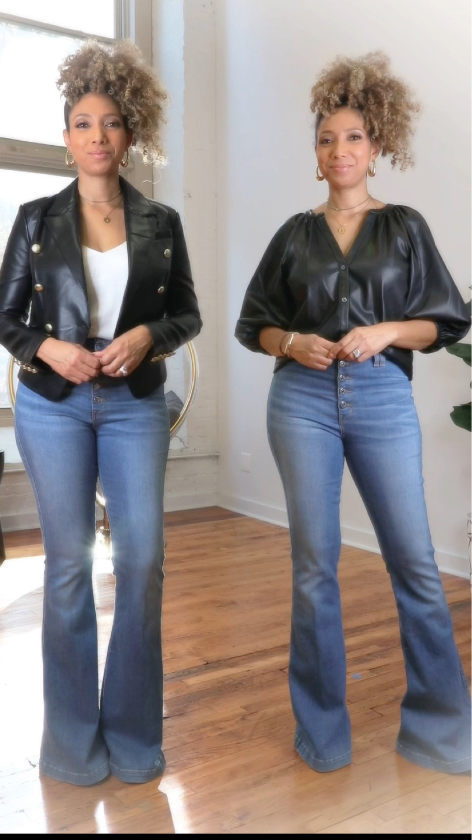 Leather weather is here!  And of course I paired it up with my favorite flare jeans to look longer and leaner.  The vegan leather blouse is an updated alternative to the leather jacket.  #leatherjacket #flarejeans

#LTKcurves