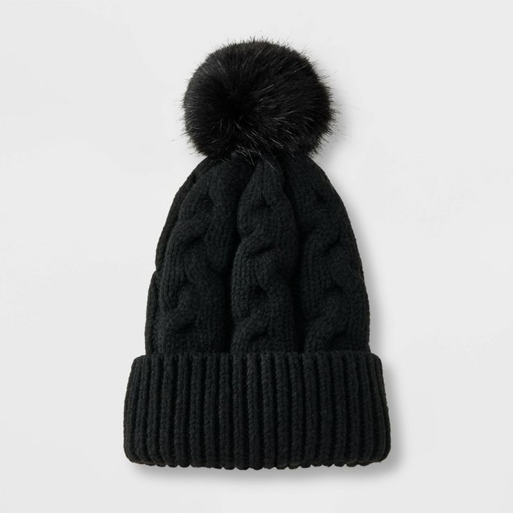 Girls' Knitted Pom Beanie - Cat & Jack™ Black | Target