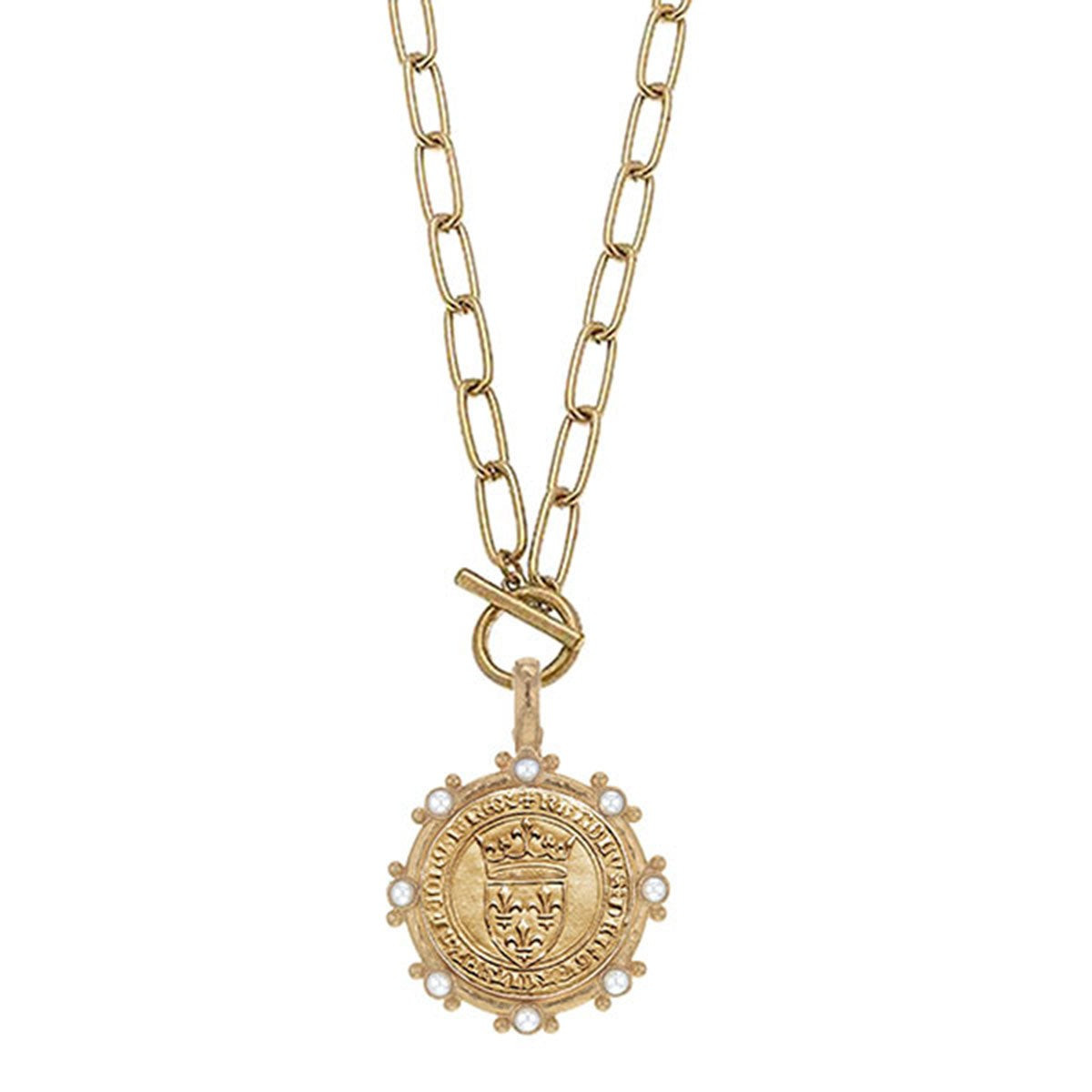 CANVAS Style x MaryCatherineStudio French Coin Pearl Studded Pendant Necklace in Worn Gold | CANVAS