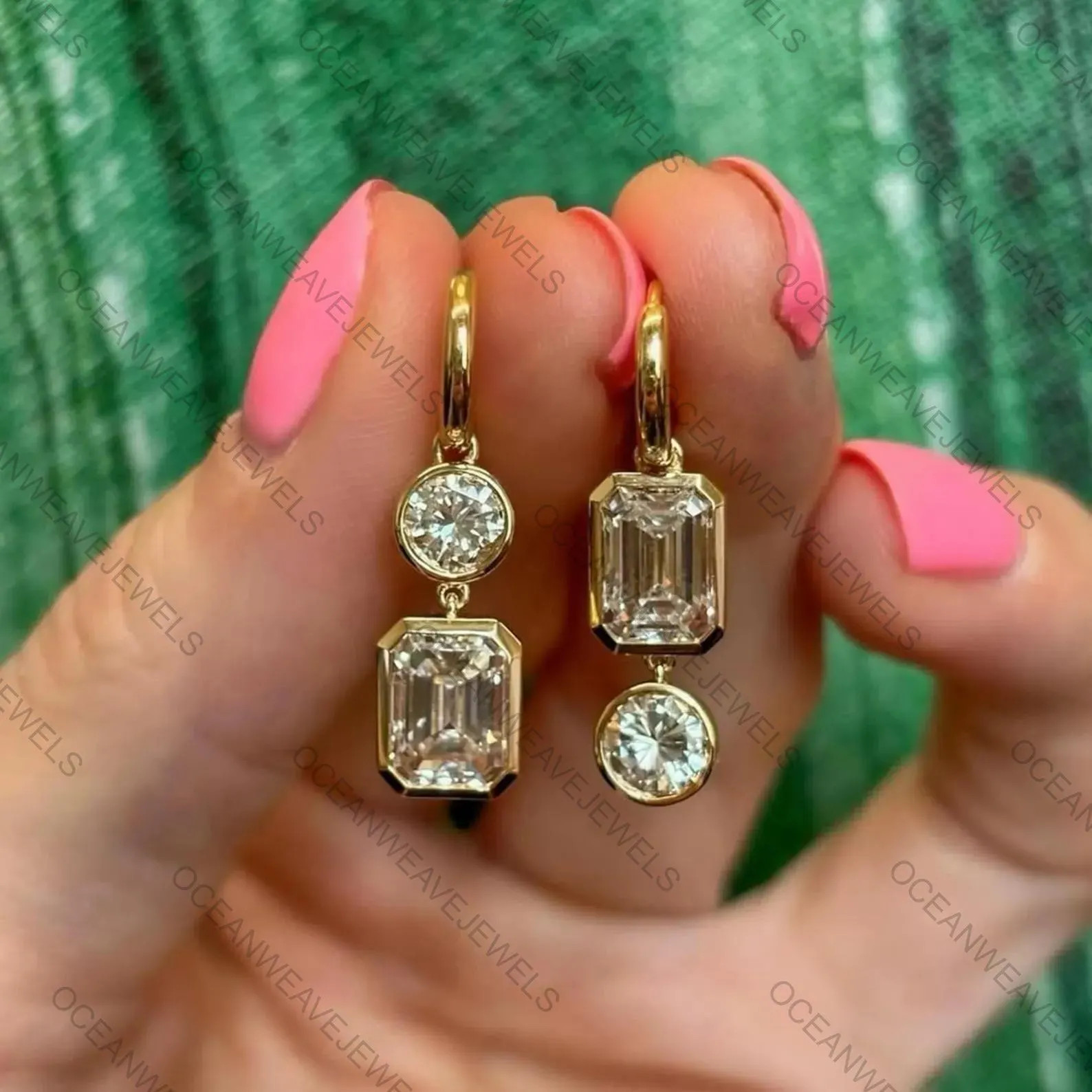 Emerald And Round Cut Bezel Set Earrings, Dangle Drop Unique Design Wedding Earrings, 925 Silver Clip On Alternative Diamond Earrings | Etsy (Global)
