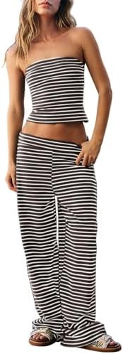 Dokuritu Two Piece Sets for Women Summer Sleeveless Outfits Lounge Sets Striped Tube Top and Wide... | Amazon (US)