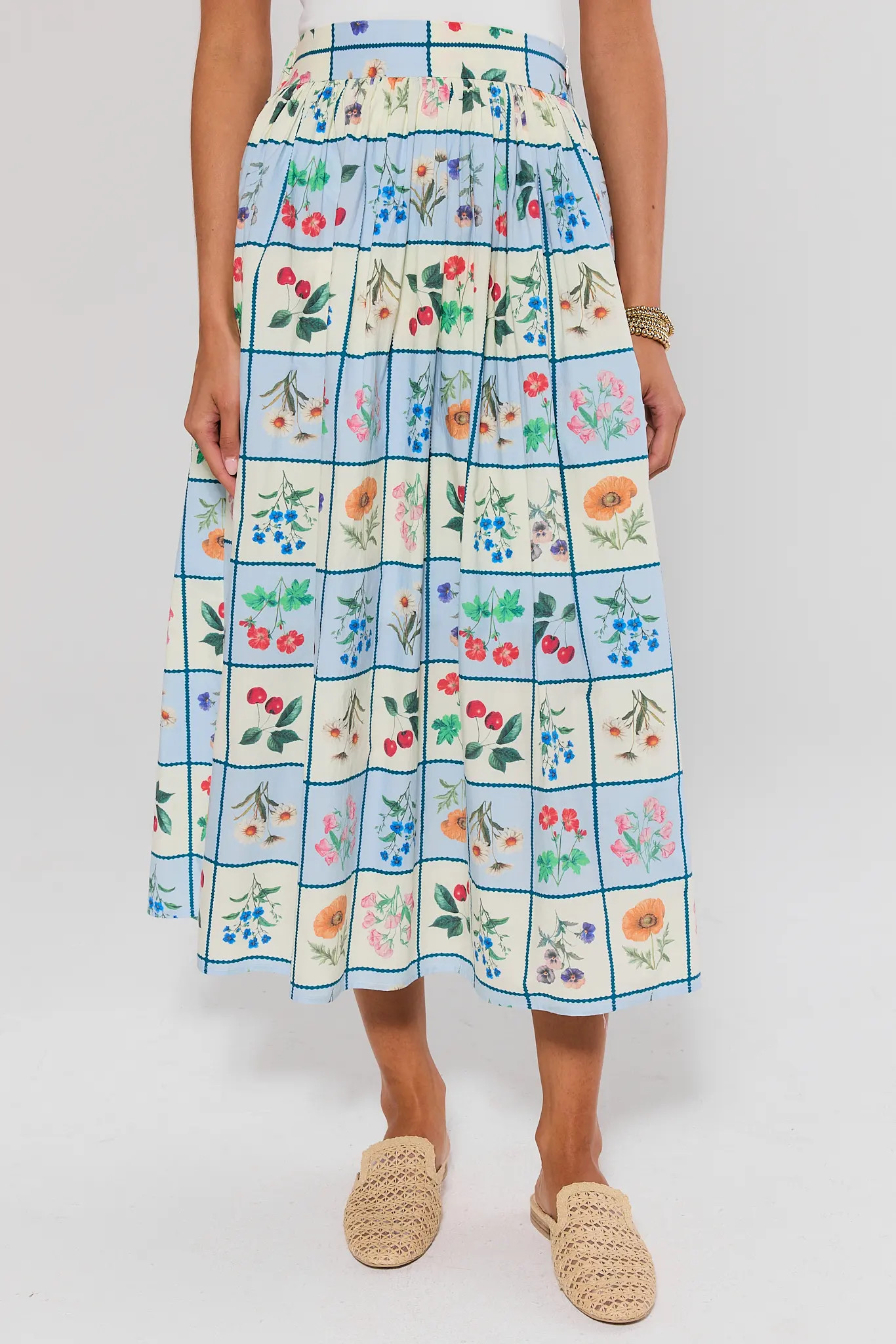 Claire Blue Checkered Floral Midi Skirt | Avara