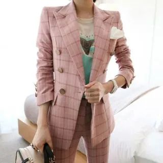 Set: Plaid Double-Breasted Blazer + Cropped Straight-Fit Pants | YesStyle Global