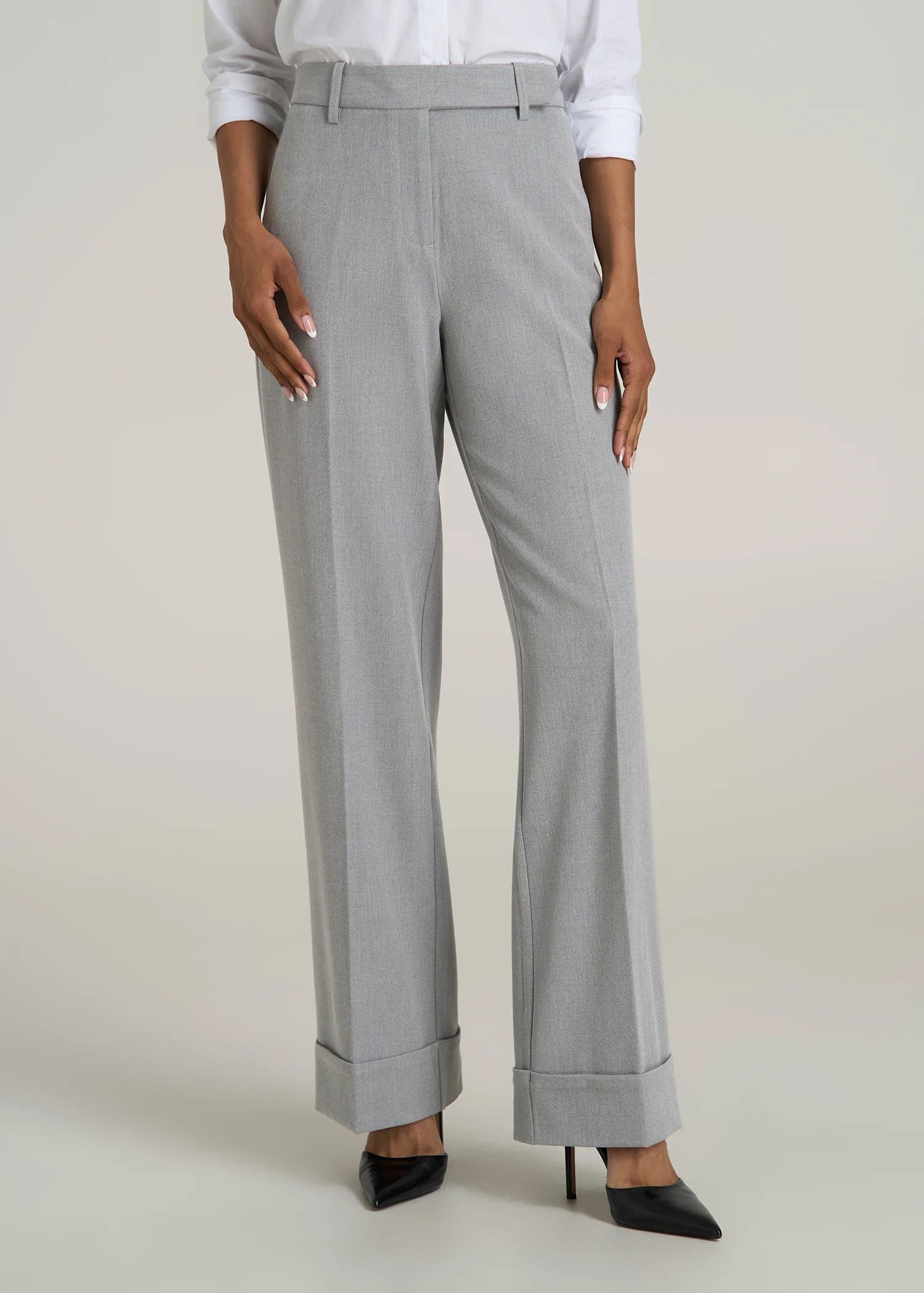 Wide-Leg Cuffed Pants for Tall Women in Medium Grey Mix | American Tall